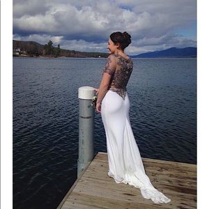 Formal 2 Piece Gray Lace Top & White Train